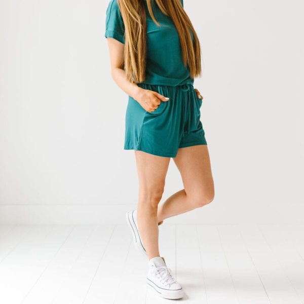 Deep Teal Women s Short Sleeve Shortie Romper For Sale - Image 2
