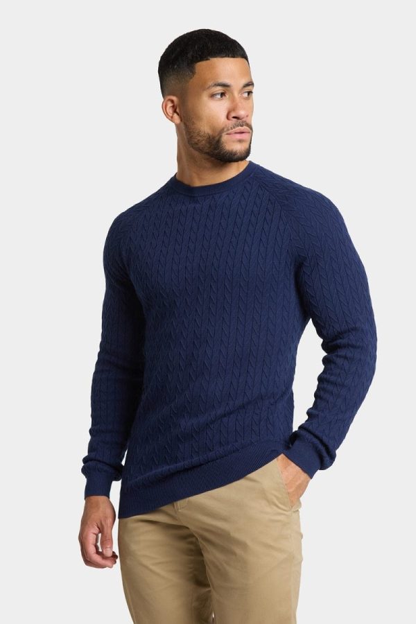 Chevron Cable Crew Neck in Navy Online - Image 2