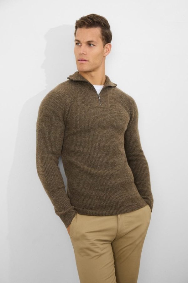 Fisherman Rib Quarter Zip in Soft Brown For Cheap - Image 4
