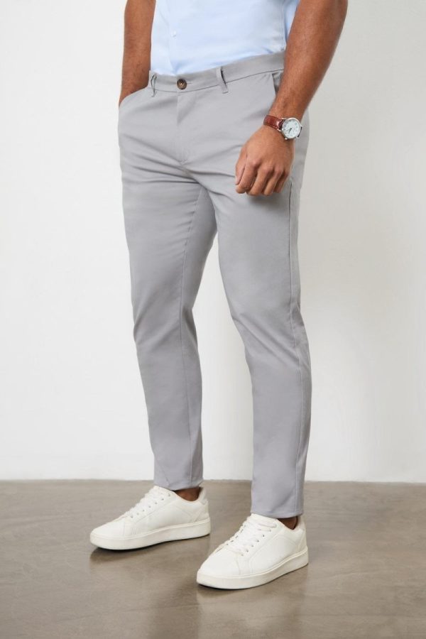 Athletic Fit Cotton Stretch Chino Pants in Pale Grey Discount - Image 4