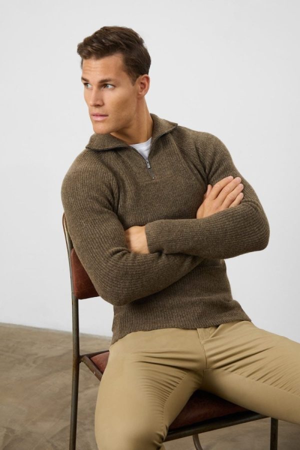 Fisherman Rib Quarter Zip in Soft Brown For Cheap