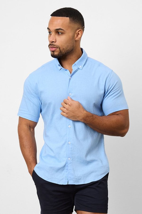 Linen Blend Button Through Shirt in Sky Blue Hot on Sale