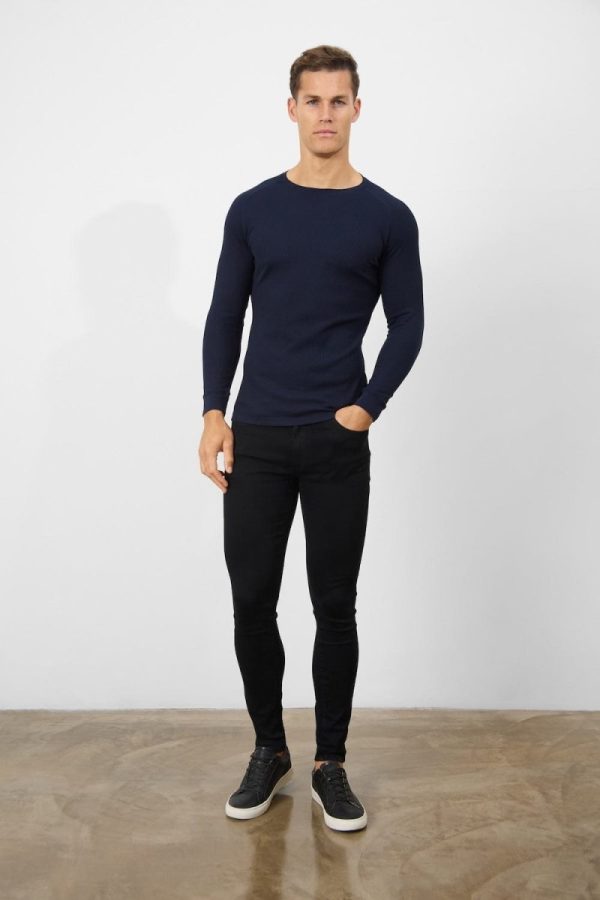 Waffle Textured T-Shirt in Navy Online Sale - Image 4