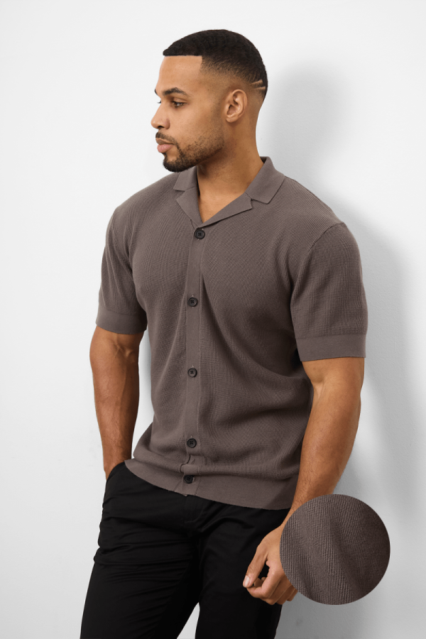 Knitted Cuban Collar Shirt in Dark Mole Online Sale