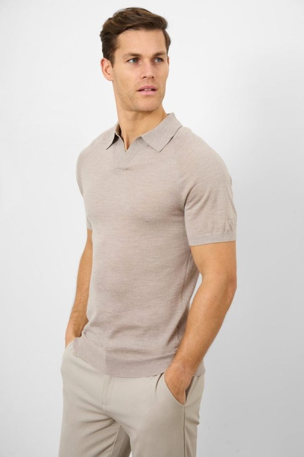 Merino Open Collar Polo Shirt in Wheat Marl Hot on Sale